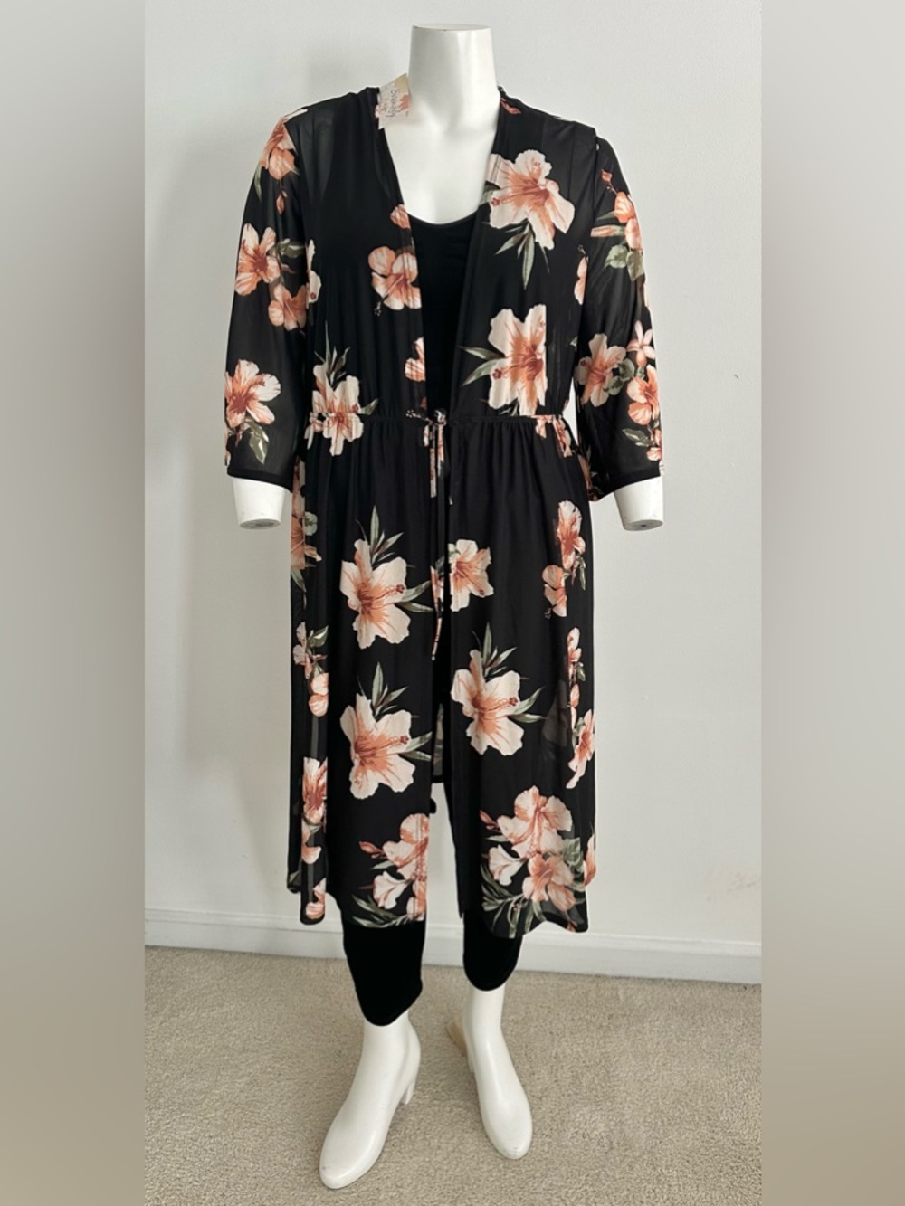 Siren & Lily Black Sheer Floral Drawstring Duster Cardigan Sz 2X Whimsigoth NWT